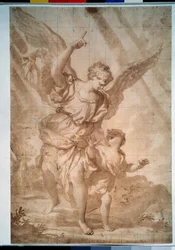 ""El ángel de la guarda"" (Ángel de la guarda) Dibujo a pluma de Domenico Piola (1627-1703) Museo Pushkin, Moscú