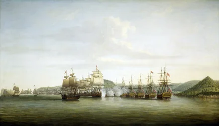Revolución Americana (o Guerra Revolucionaria Americana) 1775-1783: Maniobra del comandante Samuel Barrington en la isla de Santa Lucía, posesión francesa en las Indias Occidentales, el 15 de diciembre.