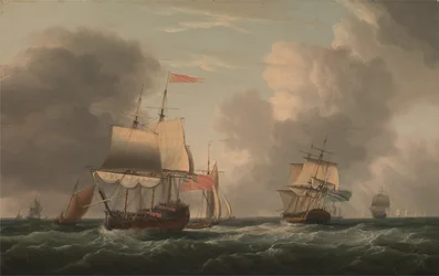 Un barco inglés de dos puentes atracado, con otros barcos y embarcaciones en una brisa fresca.