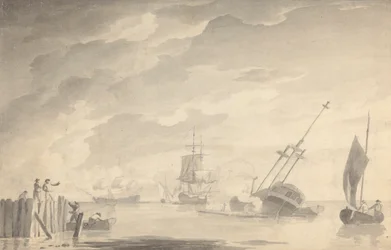 Escena de batalla, tres acorazados, uno hundiéndose; figuras a la izquierda en bote de remos y de pie en el muelle.
