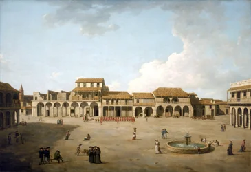 Plaza de La Habana (Cuba), agosto y septiembre de 1762, bajo ocupación británica con una tropa de soldados con uniforme rojo, descripción de los edificios y algunos marineros ingleses cerca de la fuente.