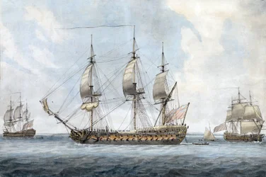Retrato de un navío británico de 74 cañones, en Solent (Inglaterra), visto desde tres ángulos diferentes. Pintura de Dominic Serres el Viejo (1719-1793), acuarela hacia 1788.