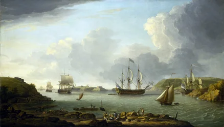 Regreso de una flota a Plymouth (Inglaterra), descripción de la ciudad y la bahía, incluyendo la isla Drake y la montaña Edgcumbe. Óleo sobre lienzo