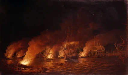 Guerra de los Siete Años (1756-1763): Barcos de guerra franceses atacando de noche a la flota británica frente a Quebec (Canadá), el 28 de junio de 1759. Óleo sobre lienzo