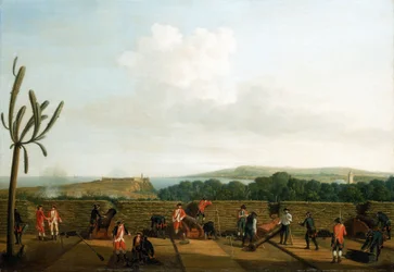 Guerra de los Siete Años (1756-1763): La toma de La Habana (Cuba) en 1762, la batería de cañones británicos frente al Castillo del Morro, instalada sobre una plataforma de madera (andén), con parapeto protector, los artilleros van vestidos de azul, en el h