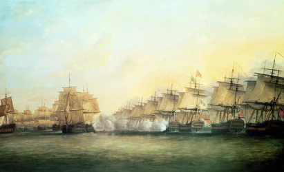 La cuarta acción frente a Trincomalee entre los ingleses bajo el almirante Sir Edward Hughes y los franceses bajo M. de Suffren, 1782