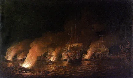 Guerra de los Siete Años (1756-1763): Buques de guerra franceses atacan de noche a la flota británica frente a Quebec (Canadá), el 28 de junio de 1759.