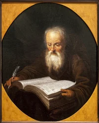 Un monje leyendo, con una pluma en la mano. Pintura de Domenicus Van Tol (1635-1676), óleo sobre lienzo, por Gerrit Dou (1613-1675). Arte flamenco