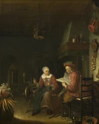 Interior con un hombre leyendo y una mujer hilando