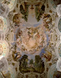 Fresco que decora la cúpula del monasterio de Schussenried por el arquitecto Domenikus Zimmermann (1685-1766) 1730-1731 Schussenried, Alemania