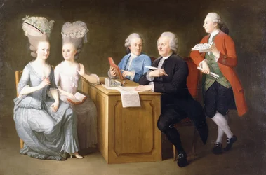 Retrato de grupo de Monsieur Le Roy, con sus dos hijas y dos hijos, sentados a una mesa