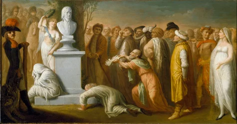 Campaña de Egipto (1798-1801): El regreso de Napoleón Bonaparte (1765-1821) de Egipto en octubre de 1799, representación alegórica del General Napoleón victorioso a su regreso de Egipto, simbolizado por su busto de mármol, que es coronado