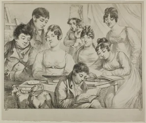 Conversación, una familia dibujando y leyendo, la niñera sosteniendo a un bebé, un retrato del Príncipe Edmond de Beauvau detrás de una silla, y retratos de Madame Lavallée y Madame Vallory, ambas sentadas