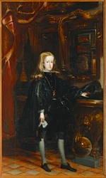 Carlos II, con traje negro y el Toisón de Oro al cuello. Hijo de Felipe IV