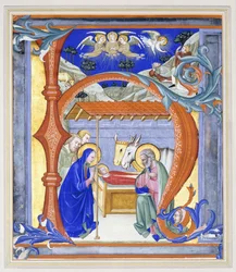 Inicial historiada iluminada "N", que representa una escena de la natividad, 1410