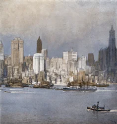 Nueva York desde la Bahía (litografía en color)