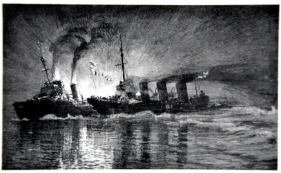 HMS Broke embistiendo al destructor alemán, ilustración de 