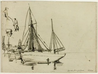 Boceto de barcos de pesca y marineros