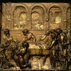 El festín de Herodes, de una serie de relieves que ilustran la vida de Juan el Bautista en la pila bautismal hexagonal del Baptisterio, 1417-30