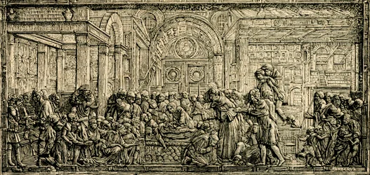 Milagro del corazón del avaro, altar de San Antonio, relieve en bronce de Donatello, basílica de San Antonio de Padua, Padua, Véneto, Italia, xilografía de Le cento citta d