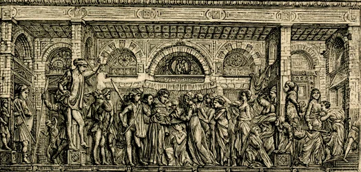 Milagro del recién nacido que habla, altar de San Antonio, relieve en bronce de Donatello, basílica de San Antonio de Padua, Padua, Véneto, Italia, xilografía de Le cento citta d