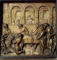 El banquete de Herodes Antipas II (21 a.C.-39 d.C.). Detalle del relieve inferior de la pila bautismal realizada por Donato di Niccolò di Betto Bardi, conocido como Donatello (1386-1466)