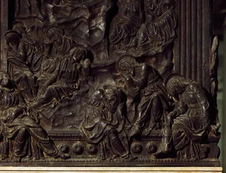 Adoración en el jardín, detalle del púlpito izquierdo, por Donatello, Basílica de San Lorenzo, Florencia, Italia