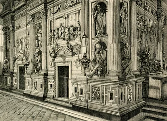 Pantalla de mármol de la Santa Casa, diseñada por Donato Bramante (1444-1514), Santuario de la Santa Casa, Loreto, Marcas, Italia.