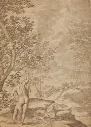 Apolo de pie en un paisaje fluvial