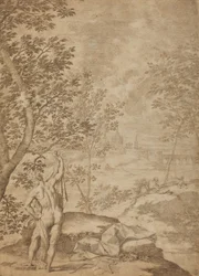 Apolo de pie en un paisaje fluvial