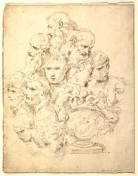 Dibujo, Fantasía compuesta por cabezas y una urna esculpida, ca. 1730