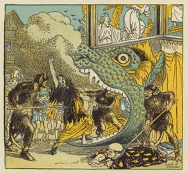 Obra de misterio como la que vio William Shakespeare de niño (litografía en color)