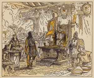 El rey premiando a Beowulf (litografía en color)