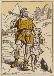 Guillermo Tell y su hijo (litografía en color)