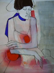 Mujer contemplativa vestida de rojo