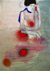 Mujer elegante con círculos rojos