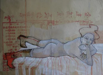 Desnuda recostada con botas rojas