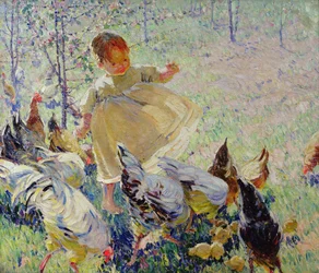 Dar de comer a las gallinas (óleo sobre lienzo)