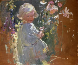 Recogiendo flores (óleo sobre tabla)