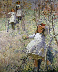 Recogiendo prímulas (óleo sobre lienzo)