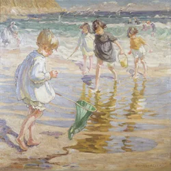 Jugando junto al mar (óleo sobre lienzo)