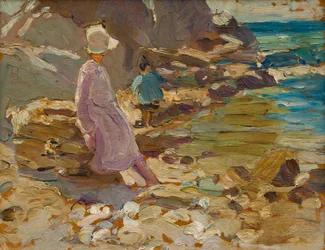 Mujer y niño en las rocas (óleo sobre tabla)