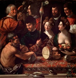 Bambocciata (pintura burlesca). Brujería o alegoría de Hércules. Pintura de Giovanni Luteri dit Dosso Dossi (c.1479-1542). Siglo XVI