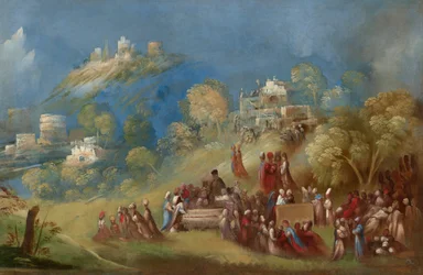 Los troyanos construyendo el templo de Venus y haciendo ofrendas en la tumba de Anquises en Sicilia, c.1520 (óleo sobre lienzo)