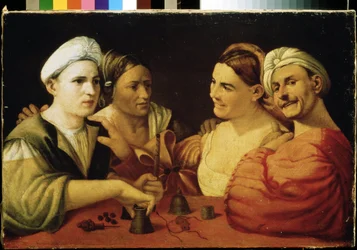 ""los ilusionistas"" (Los prestidigitadores) Una pareja de charlatanes, engañando a sus víctimas utilizando cubos mágicos. Pintura de Giovanni Luteri conocida como Dosso Dossi (circa 1486-1542) Museo Pushkin del siglo XVI, Moscú