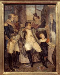 Retrato de Napoleón I (1769-1821) delante del retrato de su hijo el Rey de Roma Napoleón II (1811-1832) ofrecido por sus compañeros de exilio en la isla de Santa Elena Peinture de Dubreuil (1799-1850)