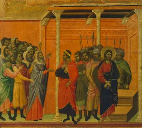 Retablo: Cristo acusado por los fariseos (detalle de una baldosa de las Historias de la Pasión y Resurrección de Cristo, superficie inversa de la Maestà en la Catedral de Siena)