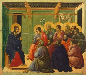 Cristo es separado de los apóstoles, (detalle) de azulejo de Episodios de la Pasión y Resurrección de Cristo, superficie inversa de la Maestà del Altar de Duccio en la Catedral de Siena