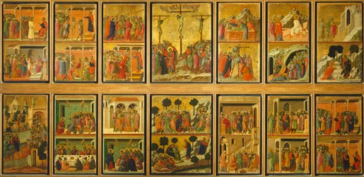 Episodios de la Pasión y Resurrección de Cristo, reverso de la Maestà del Retablo de Duccio en la Catedral de Siena