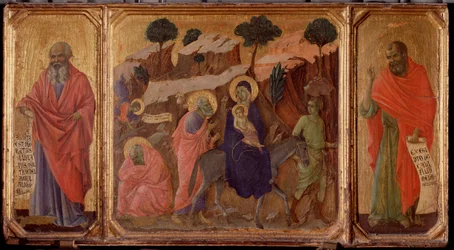 Vida de Cristo: Huida a Egipto con los profetas Jeremías y Oseas. Predela de la Maestà